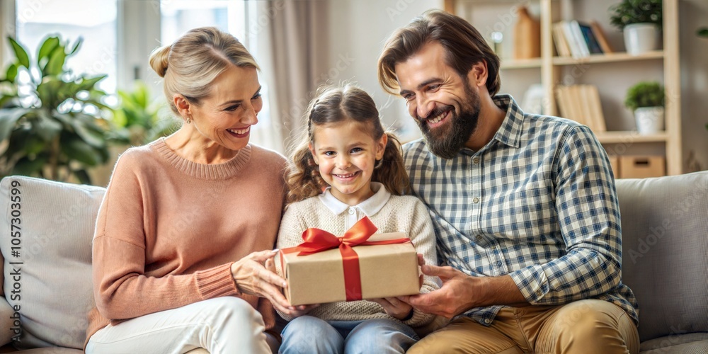 Happy parents give a gift to their son, a festive family photo for the New Year Happy parents give a gift to their son, a festive family photo for the New Year