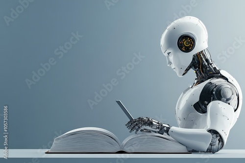 A sleek futuristic robot is deeply engaged in reading and writing at a desk, integrating contemporary design with themes of knowledge and technological advancement. photo