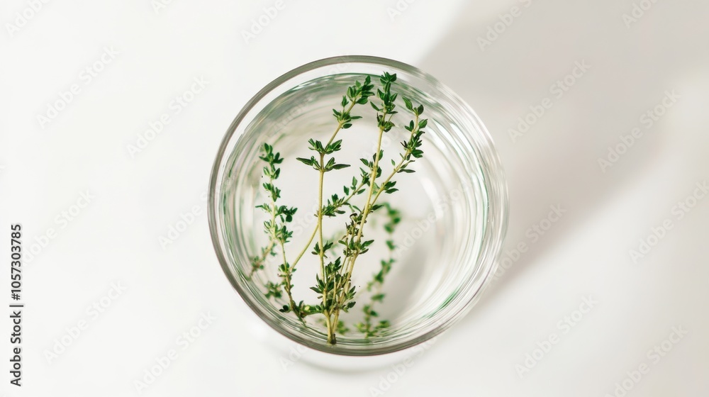 Herbal drink in a delicate glass, floating with a sprig of thyme, Herbal drink in a delicate glass, floating with a sprig of thyme,