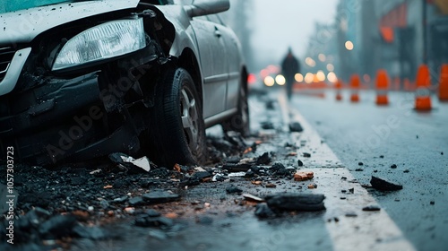 Car swerves and collides with roadside barrier after attempting to avoid a pedestrian resulting in significant front end damage and a chaotic scene on the urban street