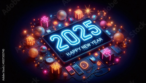 Happy new year. Neon lights numbers 2025. Concept for 2025 new year celebration. Pattern for banner, poster, greeting and new year 2025.