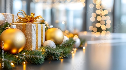 A gold wrapped gift box with a bow on top photo