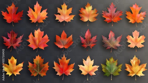 Brightly colored maple leaves set with natural gradients, capturing autumn charm, isolated on transparent background