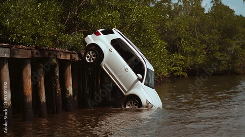 Dramatic scene of a car veering off a bridge after a high speed crash caught mid air before plunging into the raging river below