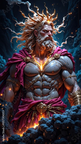 A powerful, muscular god stands with a fiery glow emanating from his chest, his long, golden hair flowing in the wind