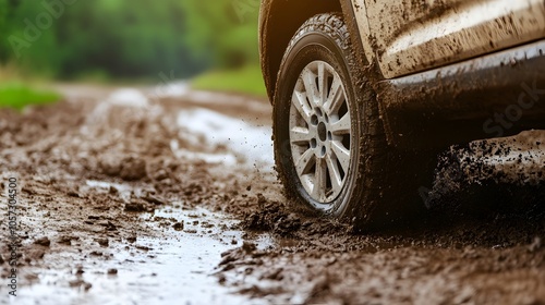 Car Slides Off Rural Road After Crashing Into Ditch With One Spinning Wheel Causing Damage and Challenging Situation for the Driver