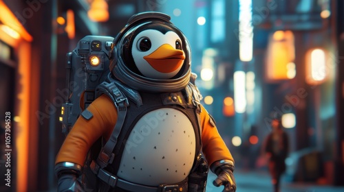 Penguin Astronaut Exploring Futuristic City