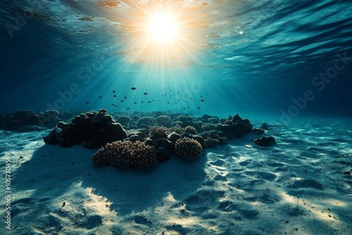 Colorful coral reefs bathed in sunrays beneath clear waters, with fish swimming around, creating a vibrant and serene underwater ecosystem full of life and depth. photo