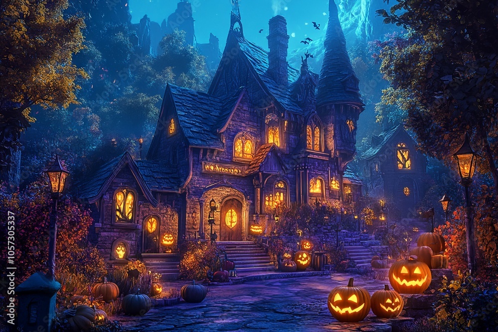 Spooky Village House with Pumpkins and Lanterns - AI generated illustration Spooky Village House with Pumpkins and Lanterns - AI generated illustration