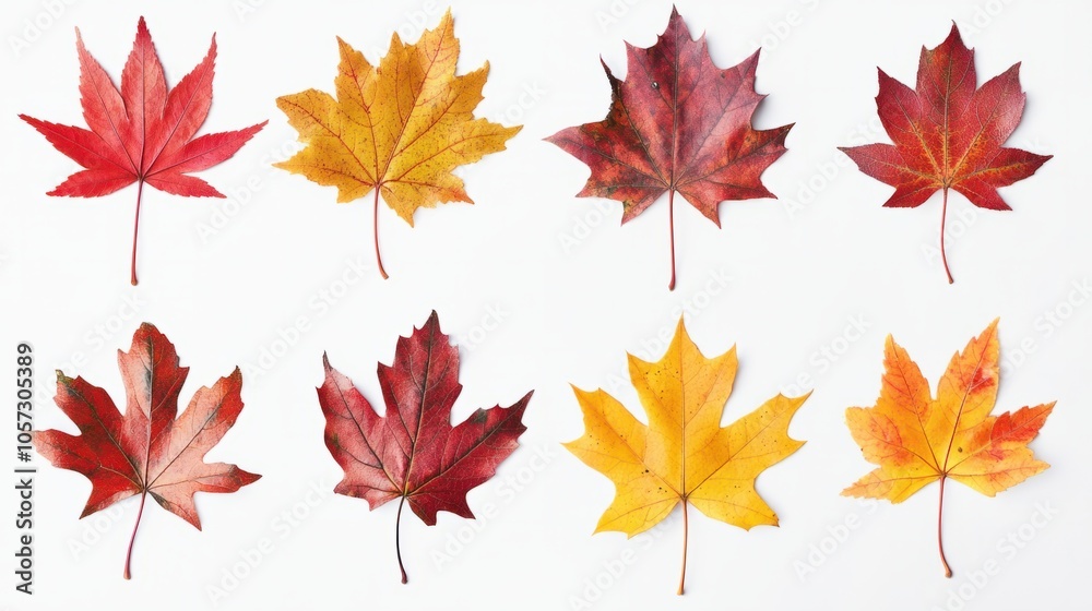 Collection of maple leaves in red, orange, and yellow, capturing fall beauty, isolated on transparent background Collection of maple leaves in red, orange, and yellow, capturing fall beauty, isolated on transparent background