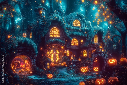 Spooky Village House with Pumpkins and Lanterns - AI generated illustration photo