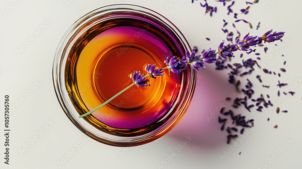 Herbal tea with vivid colors, levitating with a sprig of lavender,