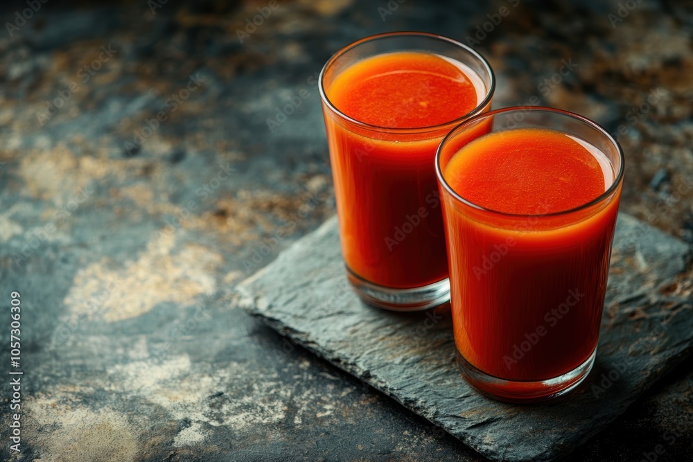 food photography, two glasses of homemade red tomato juice on a dark rustic surface food photography, two glasses of homemade red tomato juice on a dark rustic surface