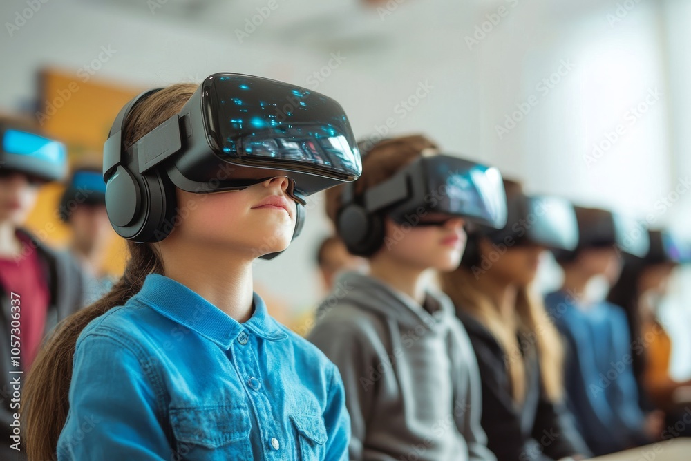 Students in a classroom with VR headsets. Generative AI Students in a classroom with VR headsets. Generative AI