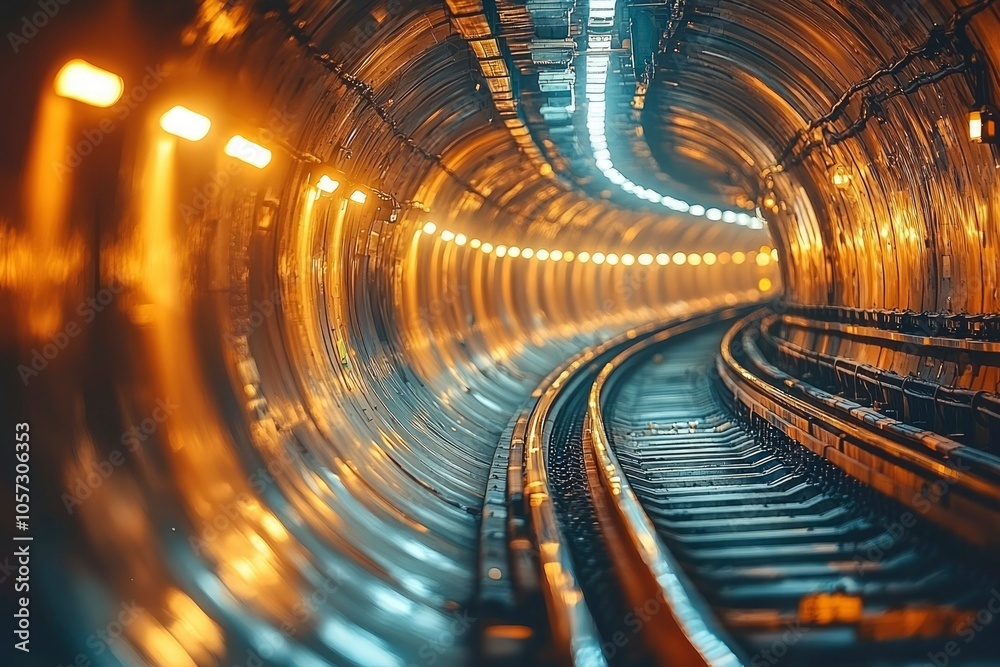 Fototapeta premium Illuminated Subway Tunnel Tracks and Curved Walls