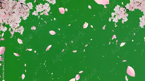 Sakura flower petals falling down isolated on green screen chroma key background. Japanese cherry blossom tree pink flowers animation. Romantic floral overlay template for spring holiday season.
