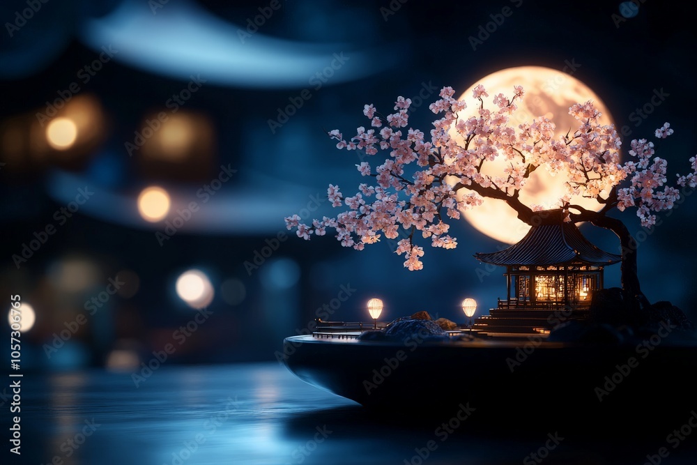 Naklejka premium Exquisite miniature depiction of a Japanese sakura garden set beneath a glowing full moon, with lanterns casting a warm, inviting light in this tranquil composition.