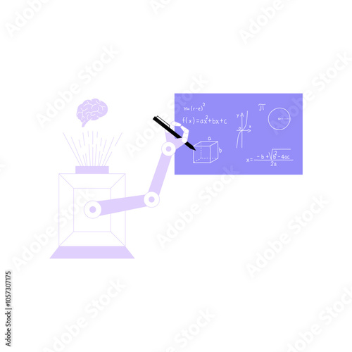Robotic Arm Writing Formulas In Flat Vector Illustration Symbolizing Automation, Education, And AI Innovation, Isolated On White Background.