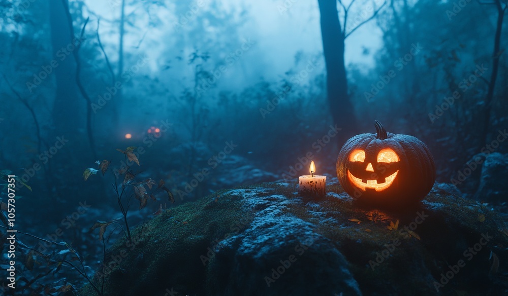 Naklejka premium Glowing jack-o-lantern on mossy rock in a foggy forest at night, AI generated illustration