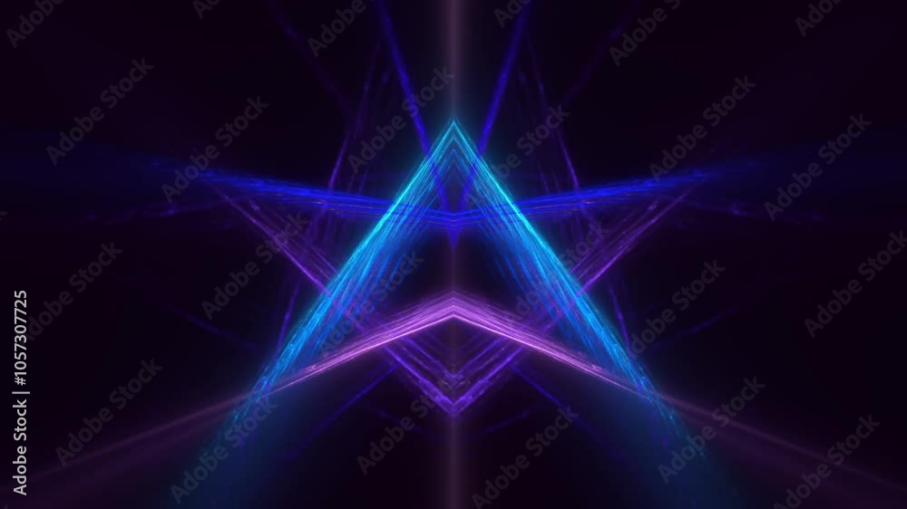 farbenfrohe leuchtende symmetrische abstrakte Grafik, Technologie, Neonlicht, bunt, eckig, sternenförmig, eckig, blau, violett