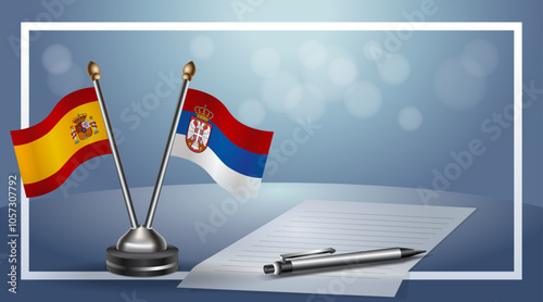 Spain and Serbia Small national flag on bokeh background, cooperative relationship