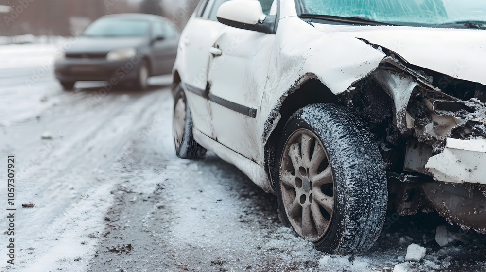 Fototapeta premium Dramatic High Speed Collision at Winter Intersection with Spinning Vehicles and Debris Two cars colliding at a busy city intersection during the snowy season