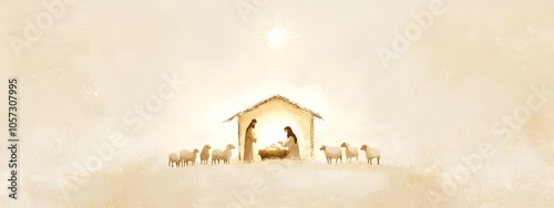 A minimalist illustration of the nativity scene, featuring Mary and Joseph in their manger with baby Jesus surrounded by sheep and shepherds as abstract shapes, in beige tones, with a star above them.