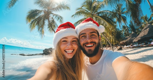 Fototapeta Naklejka Na Ścianę i Meble -  A couple, a man and a woman, take a joyful selfie in Santa hats on a sunny beach, celebrating Christmas and New Year's in a warm vacation destination. palm trees create a festive tropical atmosphere