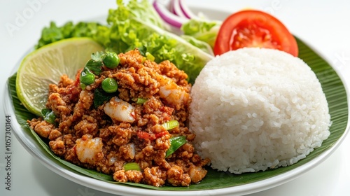 Isaan-style spicy minced fish salad with roasted rice powder, floating with sticky rice,