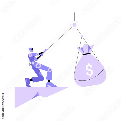 Robot Pulling A Money Bag In Flat Vector Illustration Symbolizing Financial Management, Wealth Generation, And Robotic Assistance, Isolated On White Background.