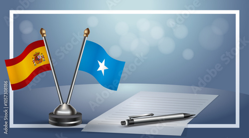 Spain and Somalia Small national flag on bokeh background, cooperative relationship