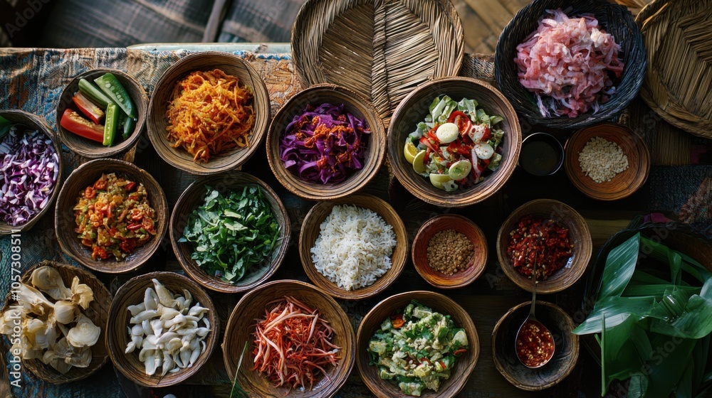 Isan food with a burst of colors, arranged beautifully, in a naturally lit setting Isan food with a burst of colors, arranged beautifully, in a naturally lit setting
