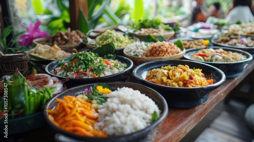 Isan food with a burst of colors, arranged beautifully, in a naturally lit setting