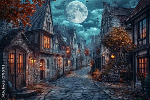 Haunted house road in an old town under a full moon night, AI generated illustration