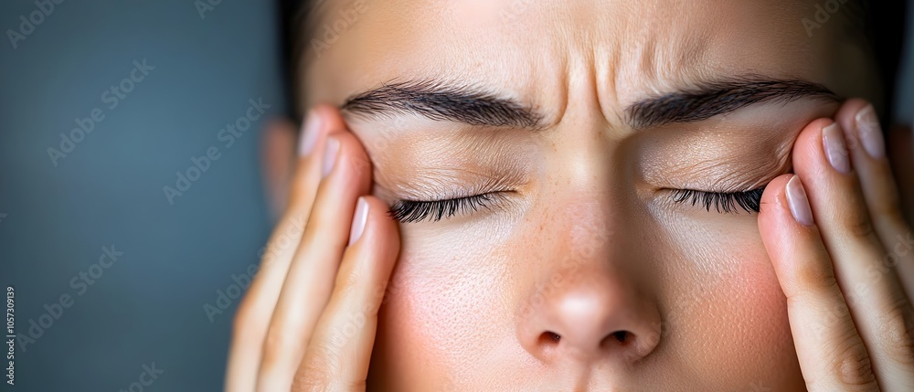 Young woman rubbing her tired strained eyes feeling discomfort and malaise from a long day spent on her laptop computer  Concept of digital eye fatigue computer vision syndrome