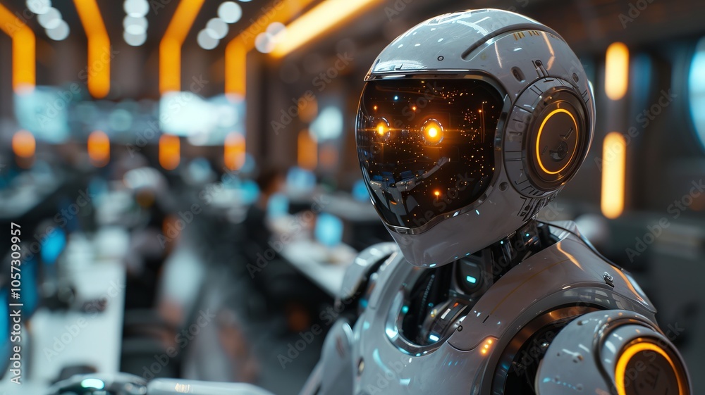 Futuristic Robot with Glowing Eyes in a Modern Office Futuristic Robot with Glowing Eyes in a Modern Office