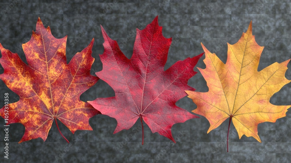 Richly textured maple leaves in red, orange, and yellow, capturing the essence of fall, isolated on transparent background Richly textured maple leaves in red, orange, and yellow, capturing the essence of fall, isolated on transparent background