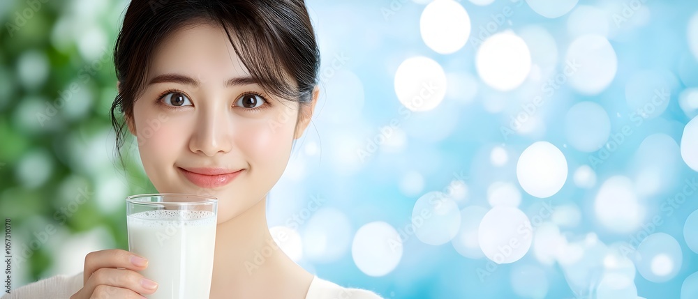 Cheerful Asian Woman Enjoying a Glass of Healthy Soy Milk as Part of Her Morning Wellness Routine Highlighting the Importance of Vitamin Rich Nutrition and Calcium Boost for a Balanced Lifestyle Cheerful Asian Woman Enjoying a Glass of Healthy Soy Milk as Part of Her Morning Wellness Routine Highlighting the Importance of Vitamin Rich Nutrition and Calcium Boost for a Balanced Lifestyle