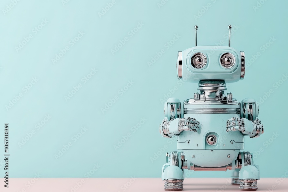 A futuristic cylindrical robot with intricate mechanical details stands on a pastel surface, showcasing a blend of retro and modern technology elements and creativity. A futuristic cylindrical robot with intricate mechanical details stands on a pastel surface, showcasing a blend of retro and modern technology elements and creativity.