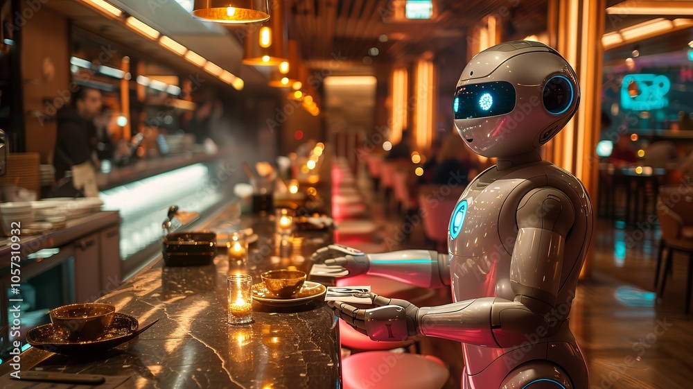 Fototapeta premium Robot Waiter Serving Food in a Futuristic Restaurant