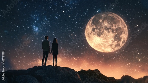 Couple admiring night sky with large moon.