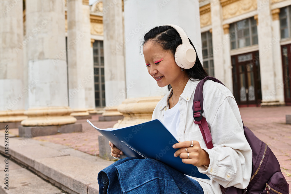 A smiling student with headphones is studying with a notebook at her university's stunning architecture. A smiling student with headphones is studying with a notebook at her university's stunning architecture.