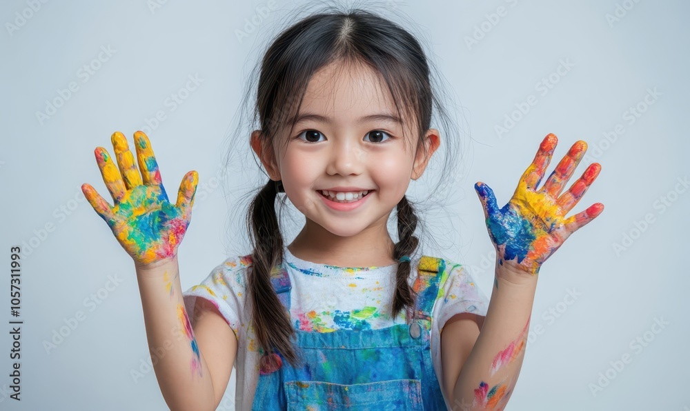 funny happy young girl student show with painting art paper, creativity of children concept funny happy young girl student show with painting art paper, creativity of children concept