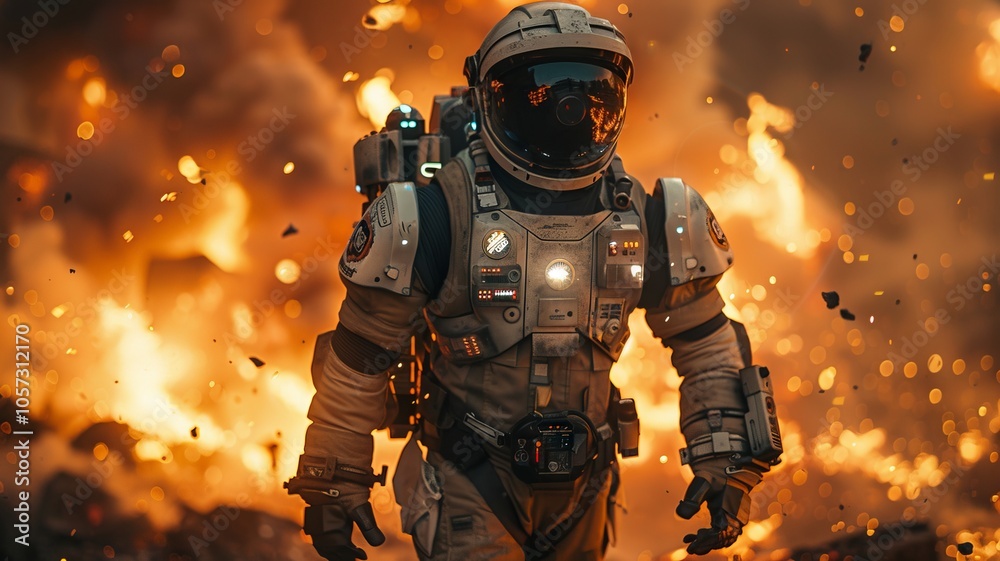 Astronaut in a Fiery Space Emergency: A Dramatic Scene of Survival Astronaut in a Fiery Space Emergency: A Dramatic Scene of Survival