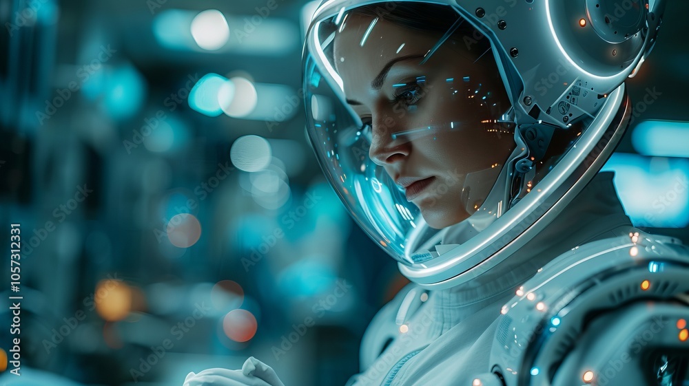 A Woman in a Futuristic Space Suit Gazes Down with Determination