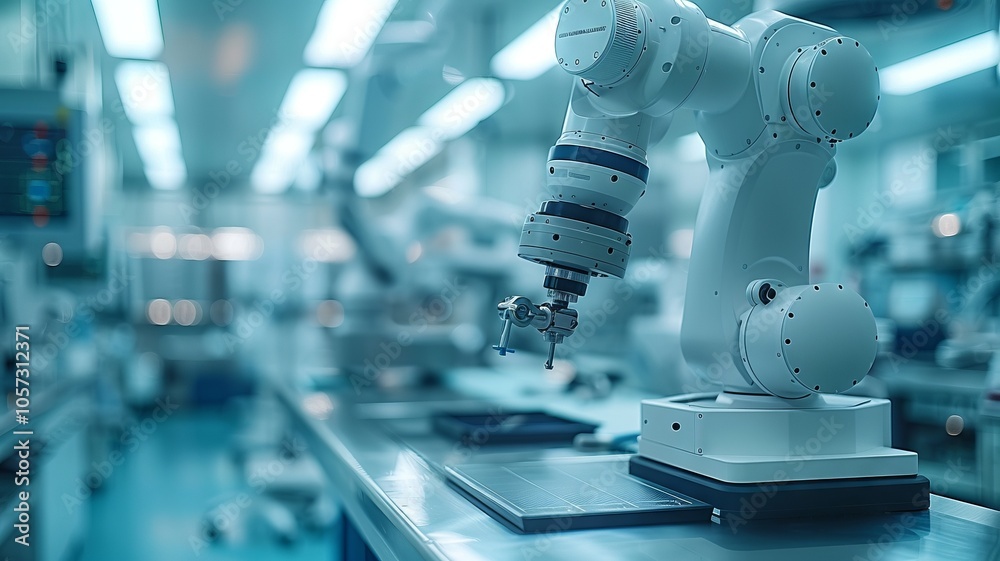 Industrial Robot Arm in a Modern Factory Setting Industrial Robot Arm in a Modern Factory Setting