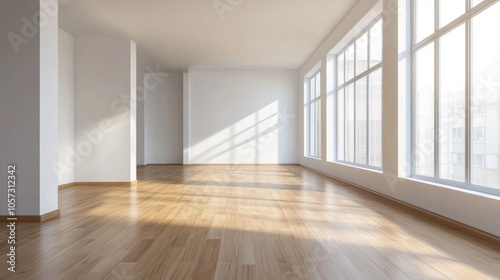 A large, empty room with white walls and wooden floors