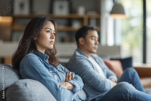 Family problem concept, Close-up hands of Asian wife sitting on sofa and husband sitting back to back in the living room at home have problems in a relationship and have an, Generative AI