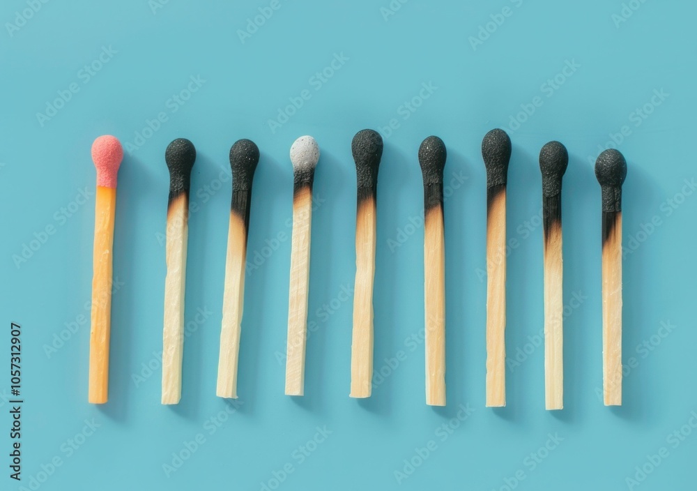 Matches arranged in a row on a pastel blue background showcasing various burnt ends and colors for a captivating concept on fire and preparation Matches arranged in a row on a pastel blue background showcasing various burnt ends and colors for a captivating concept on fire and preparation