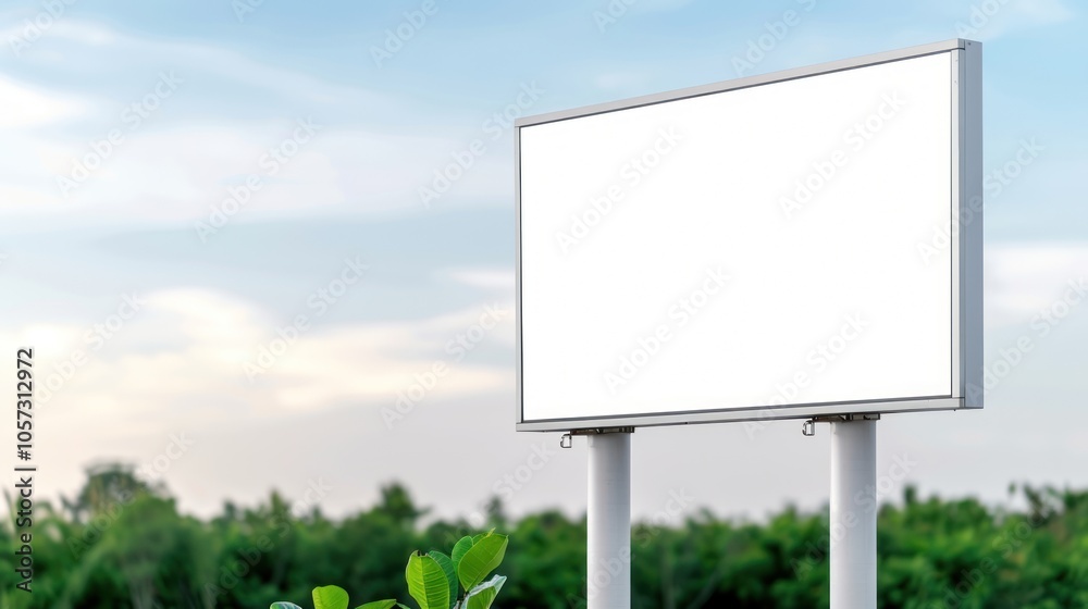 A blank billboard stands amidst green foliage under a clear sky, offering space for advertisements or messages. A blank billboard stands amidst green foliage under a clear sky, offering space for advertisements or messages.